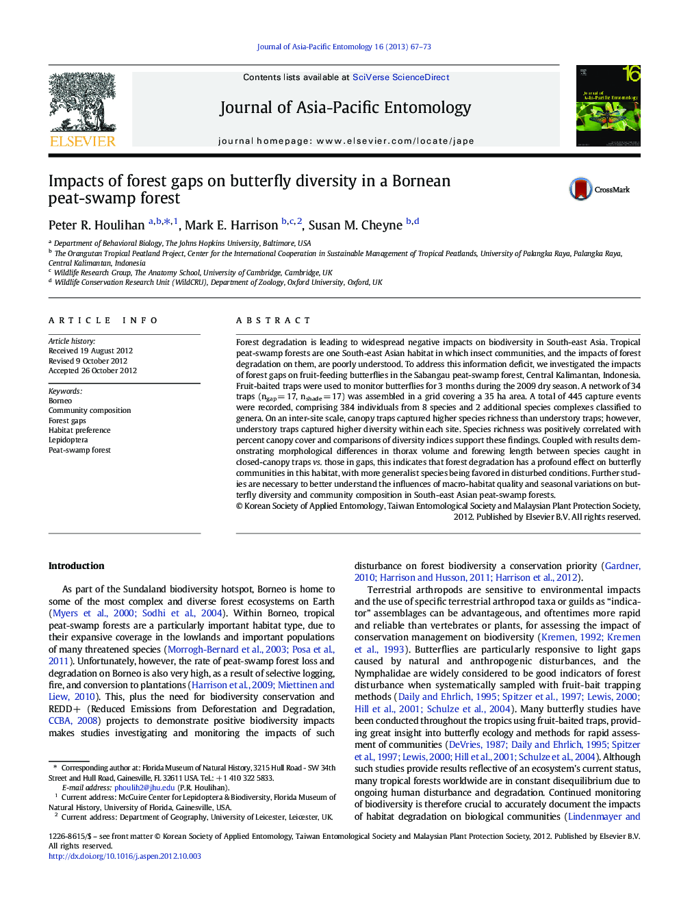 Impacts of forest gaps on butterfly diversity in a Bornean peat-swamp forest