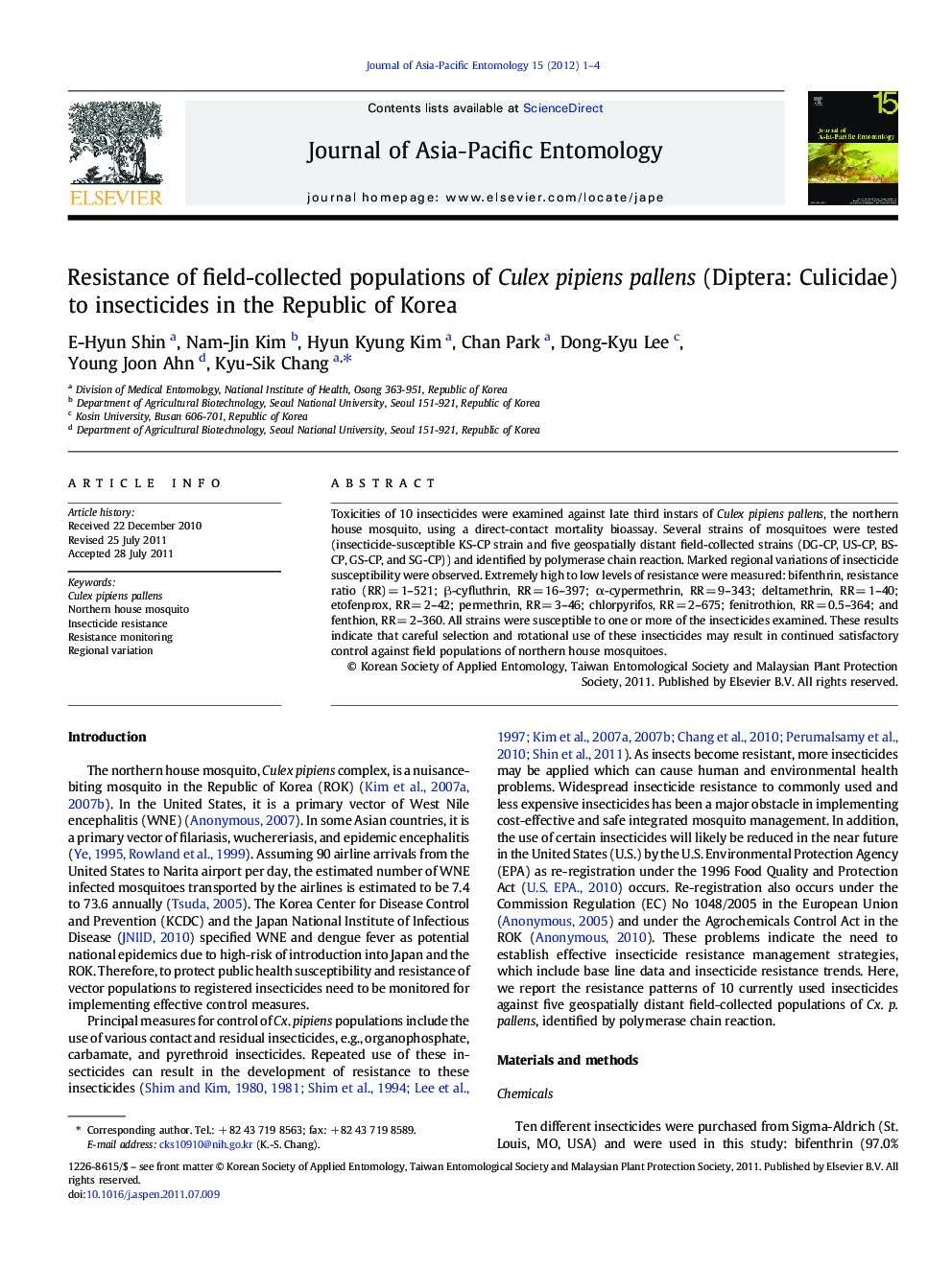 Resistance of field-collected populations of Culex pipiens pallens (Diptera: Culicidae) to insecticides in the Republic of Korea