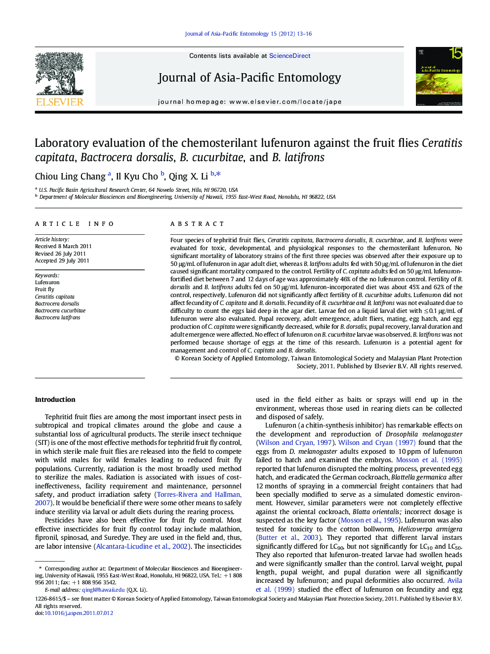 Laboratory evaluation of the chemosterilant lufenuron against the fruit flies Ceratitis capitata, Bactrocera dorsalis, B. cucurbitae, and B. latifrons