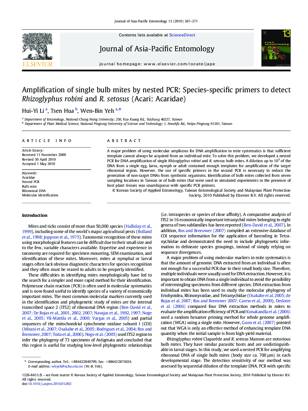 Amplification of single bulb mites by nested PCR: Species-specific primers to detect Rhizoglyphus robini and R. setosus (Acari: Acaridae)