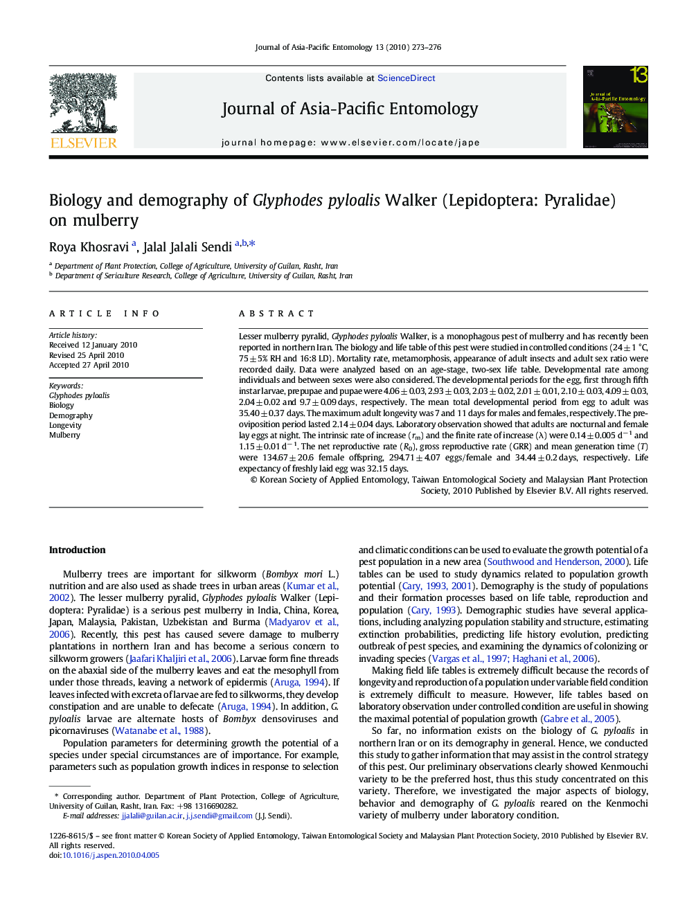 Biology and demography of Glyphodes pyloalis Walker (Lepidoptera: Pyralidae) on mulberry