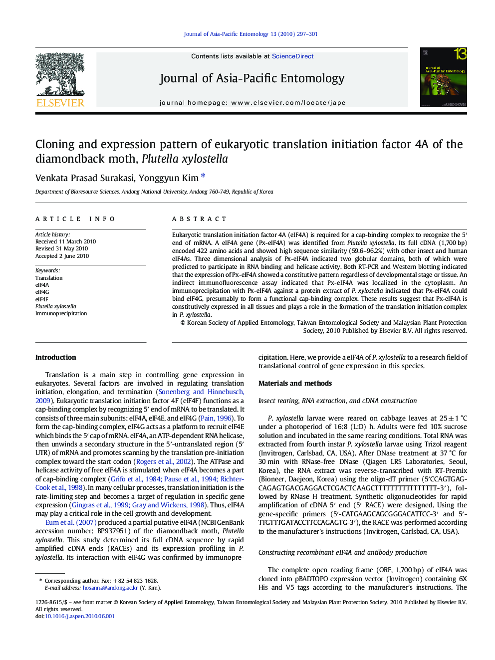 Cloning and expression pattern of eukaryotic translation initiation factor 4A of the diamondback moth, Plutella xylostella