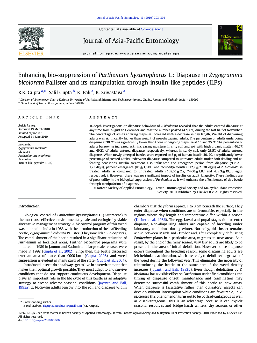Enhancing bio-suppression of Parthenium hysterophorus L.: Diapause in Zygogramma bicolorata Pallister and its manipulation through insulin-like peptides (ILPs)