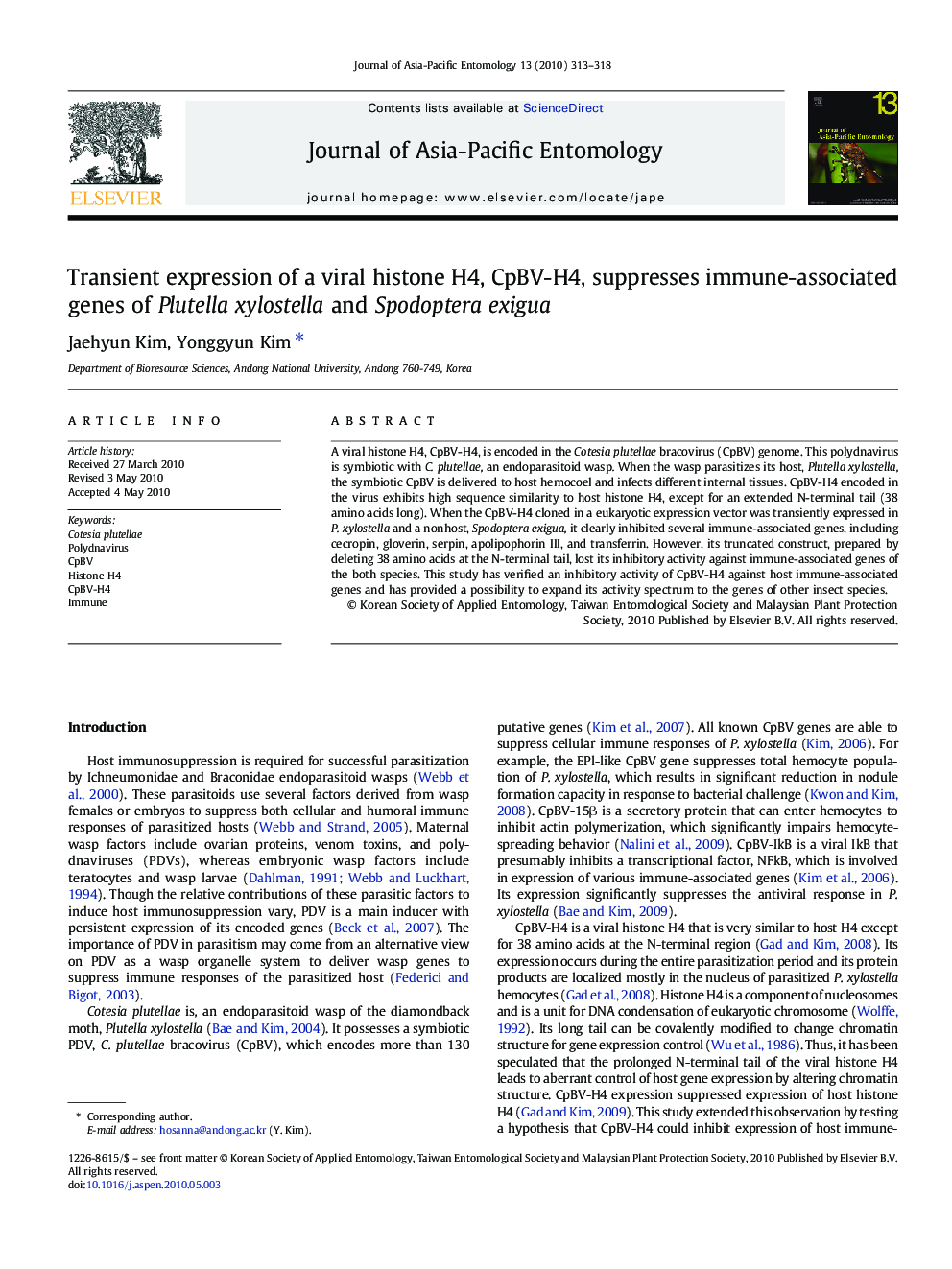 Transient expression of a viral histone H4, CpBV-H4, suppresses immune-associated genes of Plutella xylostella and Spodoptera exigua