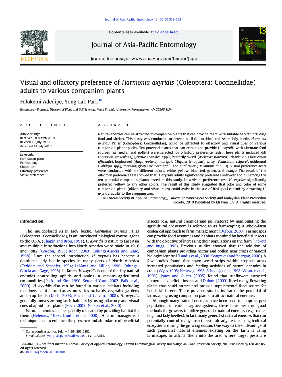 Visual and olfactory preference of Harmonia axyridis (Coleoptera: Coccinellidae) adults to various companion plants