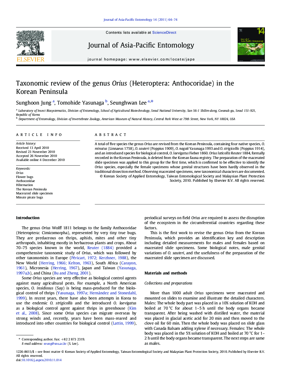 Taxonomic review of the genus Orius (Heteroptera: Anthocoridae) in the Korean Peninsula