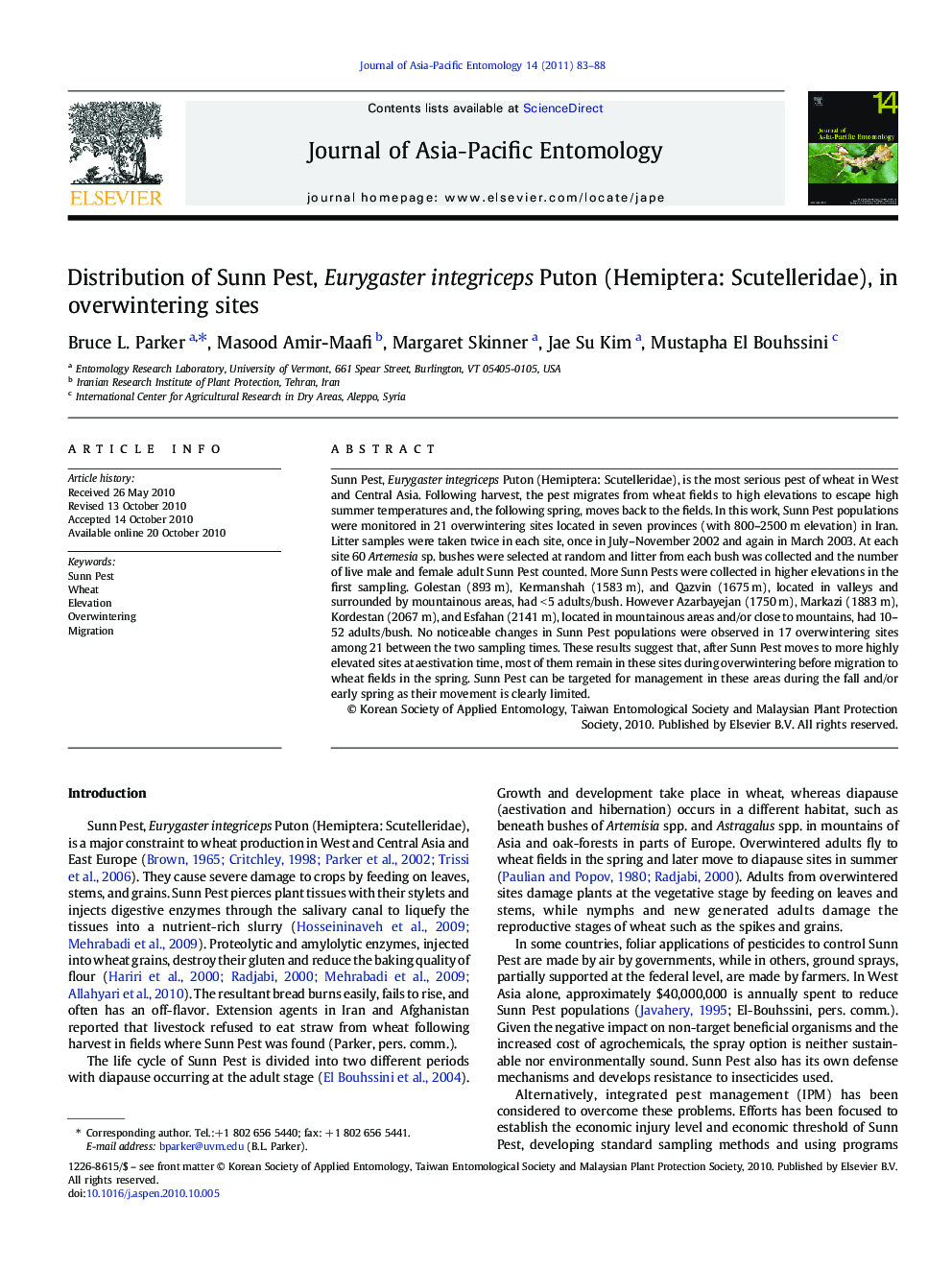 Distribution of Sunn Pest, Eurygaster integriceps Puton (Hemiptera: Scutelleridae), in overwintering sites