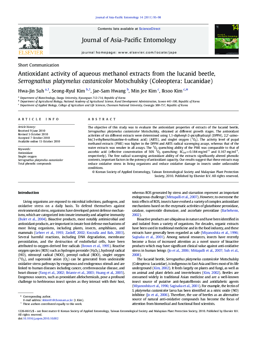 Antioxidant activity of aqueous methanol extracts from the lucanid beetle, Serrognathus platymelus castanicolor Motschulsky (Coleoptera: Lucanidae)