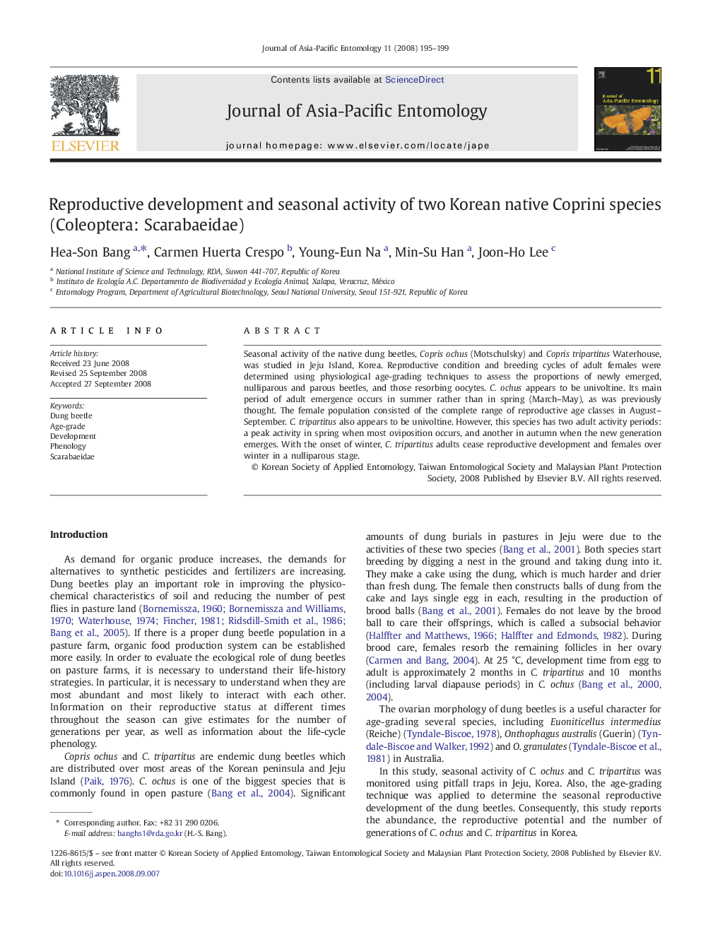 Reproductive development and seasonal activity of two Korean native Coprini species (Coleoptera: Scarabaeidae)