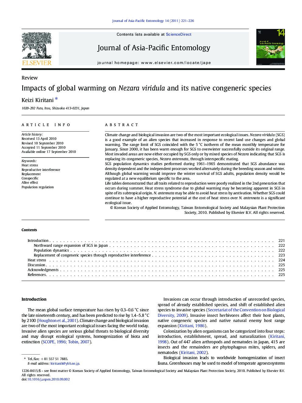 Impacts of global warming on Nezara viridula and its native congeneric species