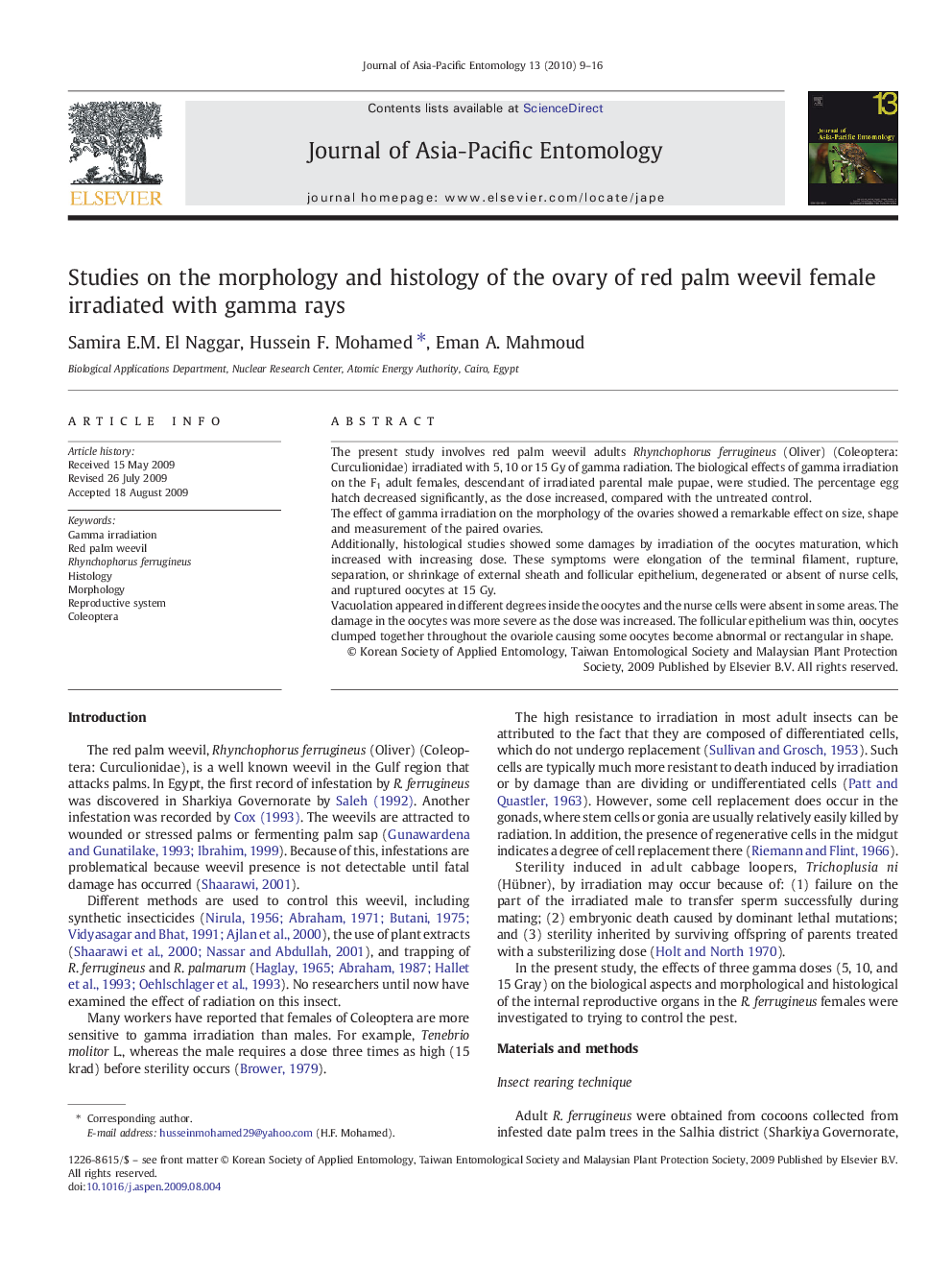 Studies on the morphology and histology of the ovary of red palm weevil female irradiated with gamma rays