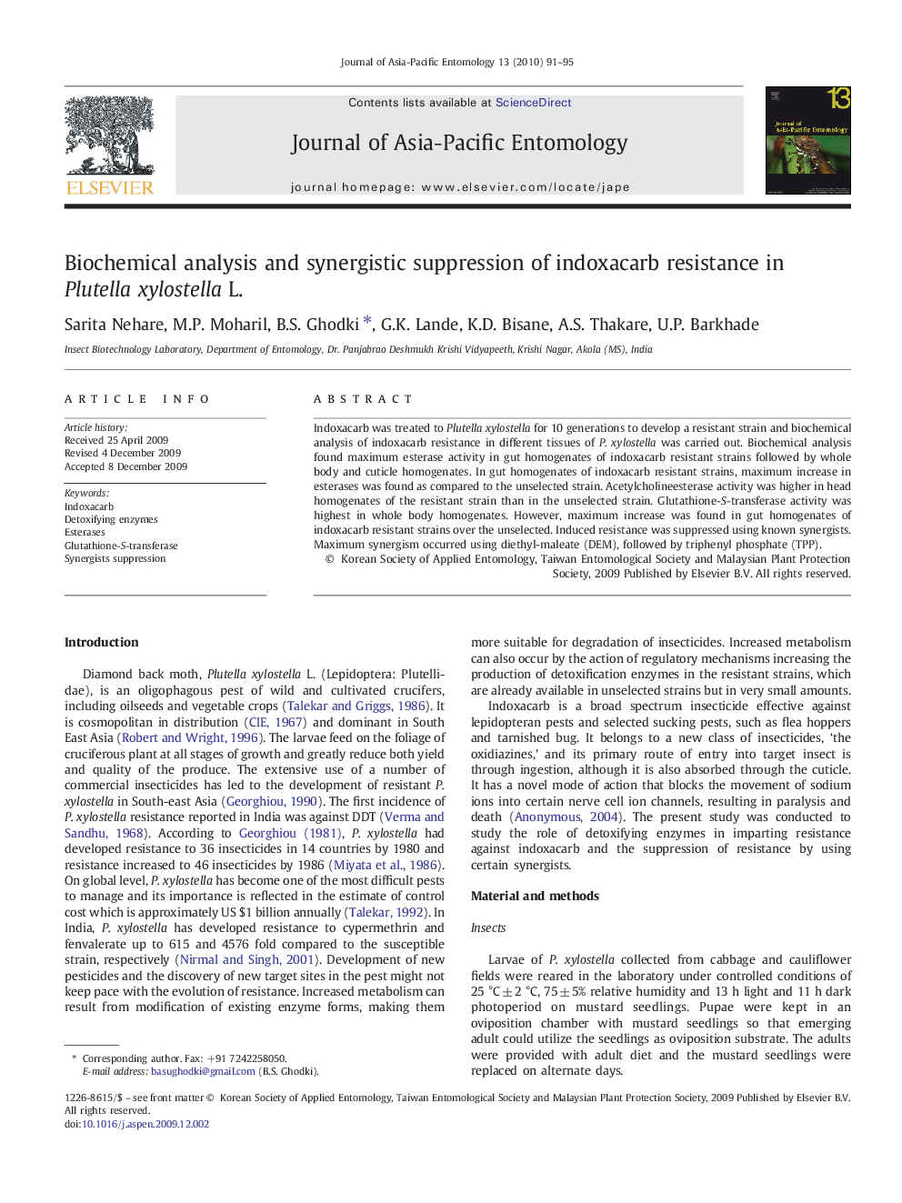 Biochemical analysis and synergistic suppression of indoxacarb resistance in Plutella xylostella L.