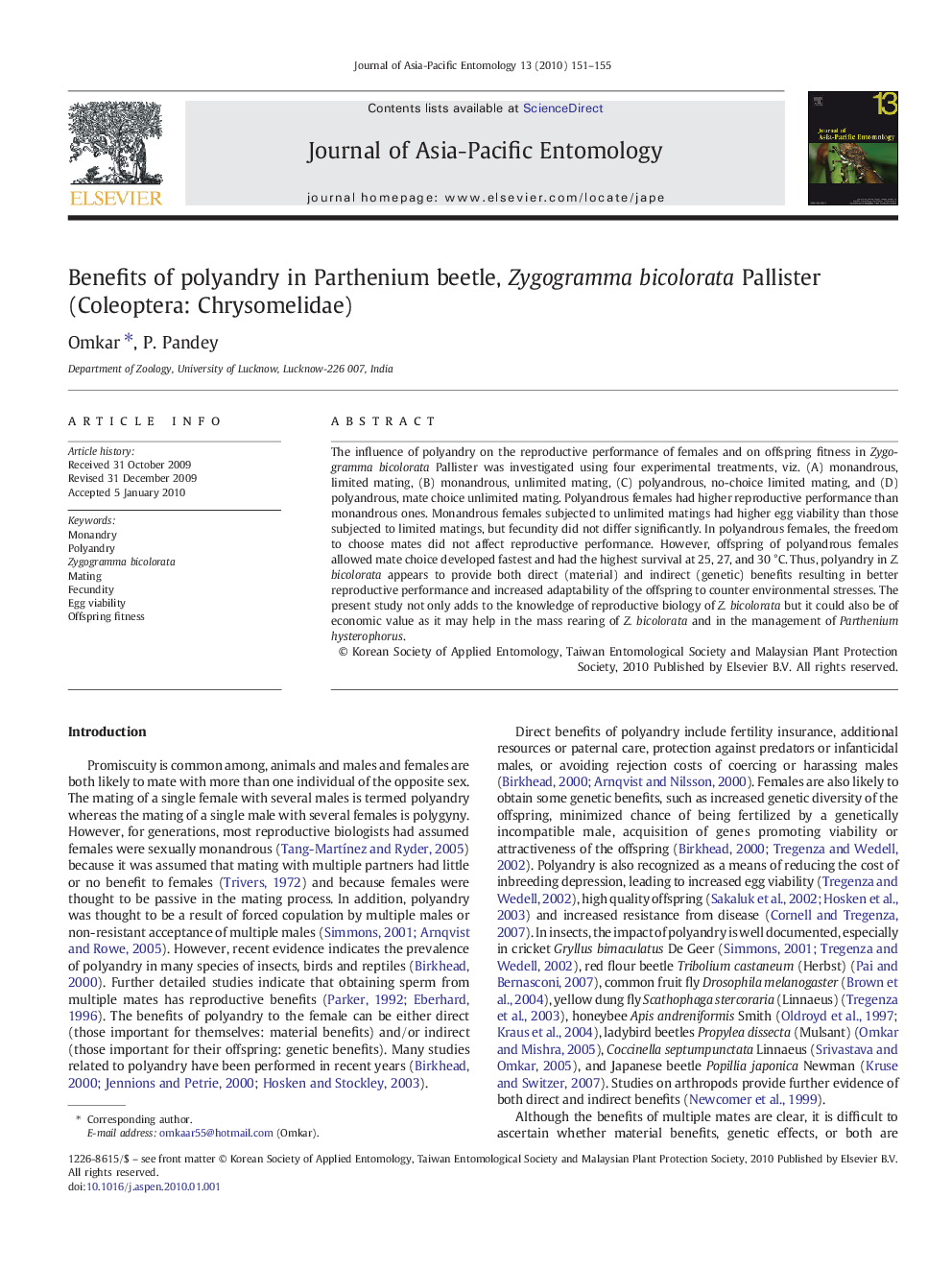 Benefits of polyandry in Parthenium beetle, Zygogramma bicolorata Pallister (Coleoptera: Chrysomelidae)