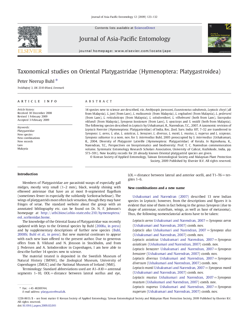 Taxonomical studies on Oriental Platygastridae (Hymenoptera: Platygastroidea)