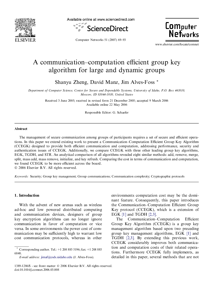 A communication–computation efficient group key algorithm for large and dynamic groups