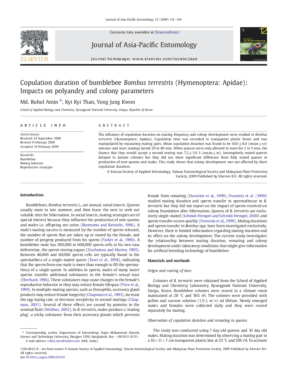 Copulation duration of bumblebee Bombus terrestris (Hymenoptera: Apidae): Impacts on polyandry and colony parameters