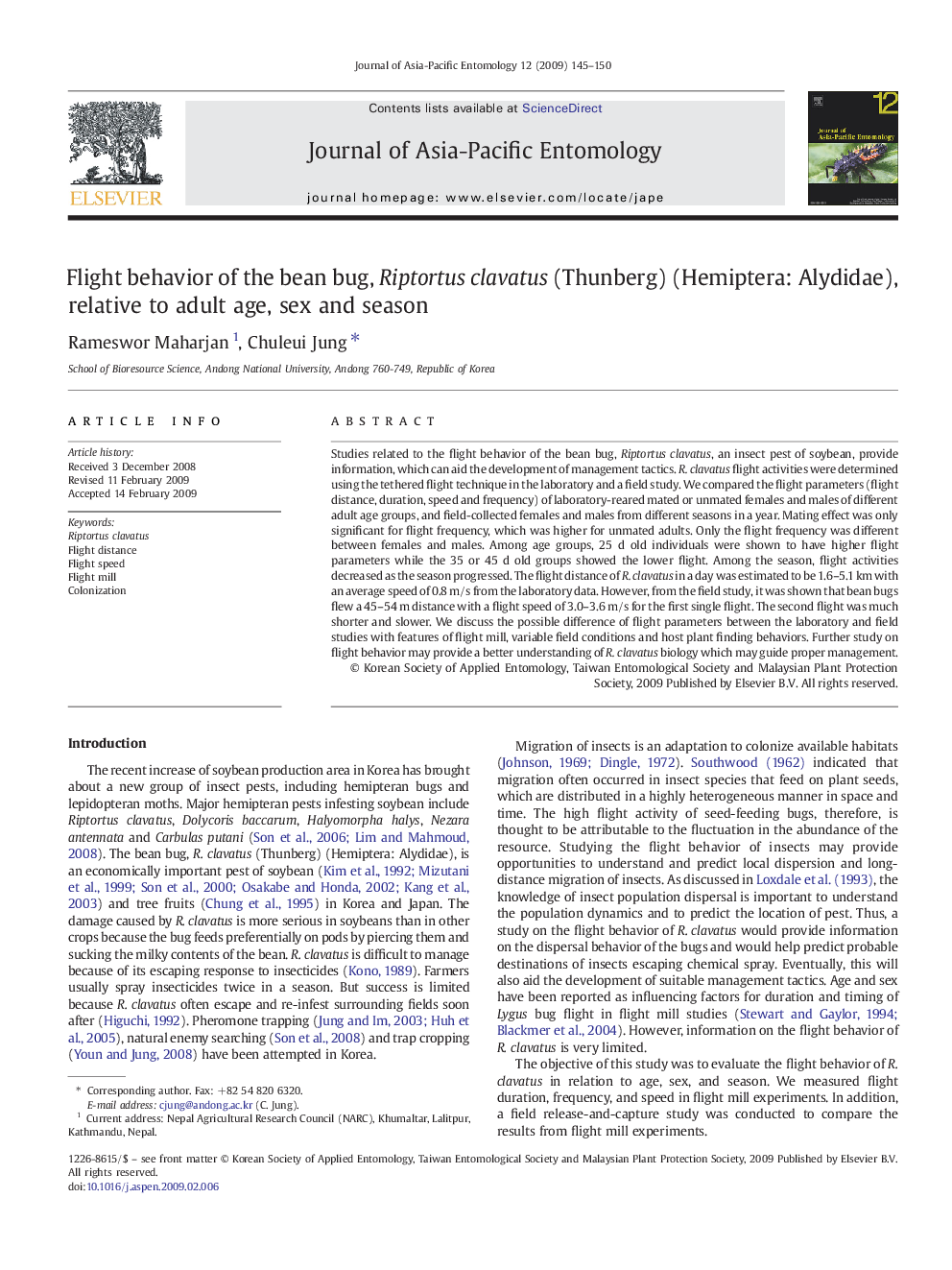 Flight behavior of the bean bug, Riptortus clavatus (Thunberg) (Hemiptera: Alydidae), relative to adult age, sex and season