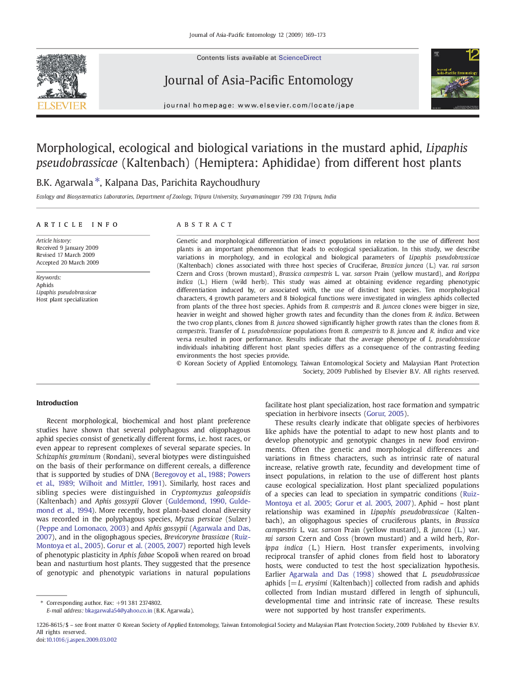 Morphological, ecological and biological variations in the mustard aphid, Lipaphis pseudobrassicae (Kaltenbach) (Hemiptera: Aphididae) from different host plants