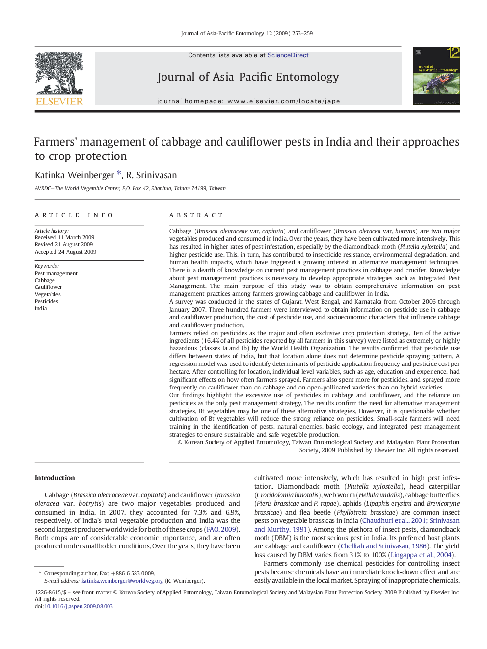 Farmers' management of cabbage and cauliflower pests in India and their approaches to crop protection