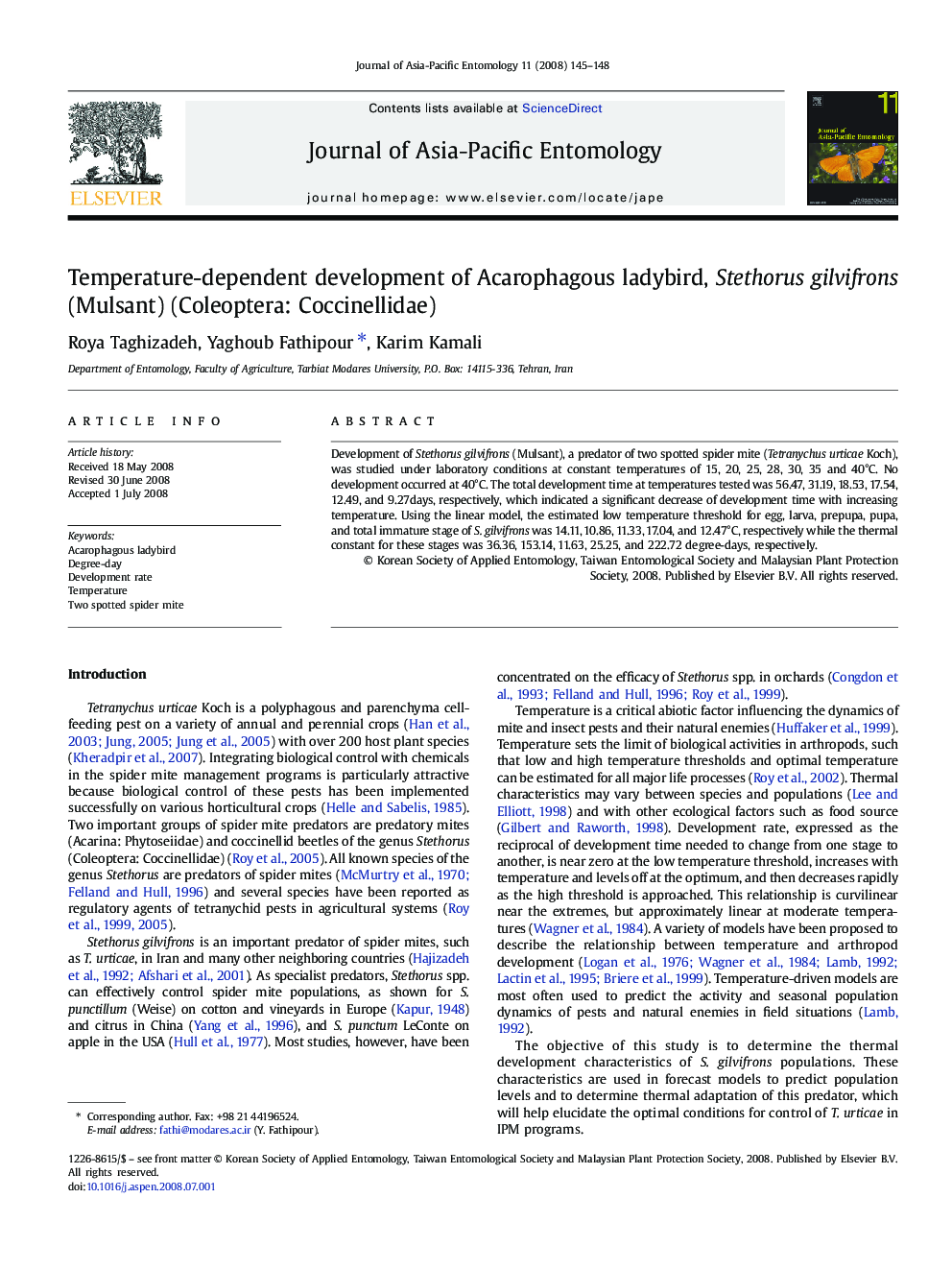 Temperature-dependent development of Acarophagous ladybird, Stethorus gilvifrons (Mulsant) (Coleoptera: Coccinellidae)