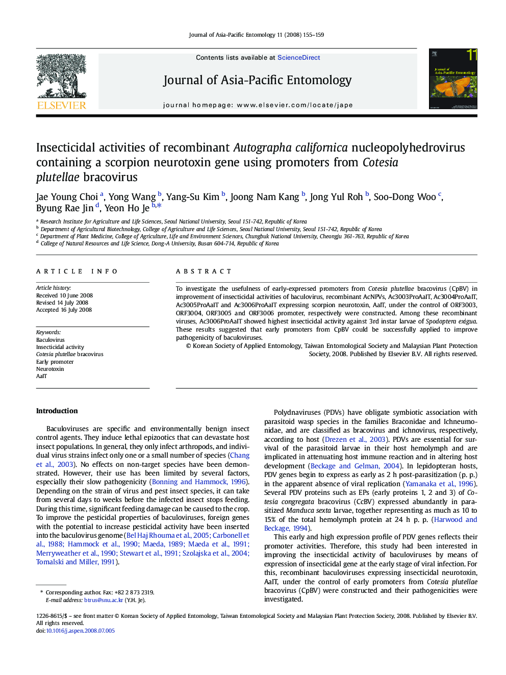 Insecticidal activities of recombinant Autographa californica nucleopolyhedrovirus containing a scorpion neurotoxin gene using promoters from Cotesia plutellae bracovirus