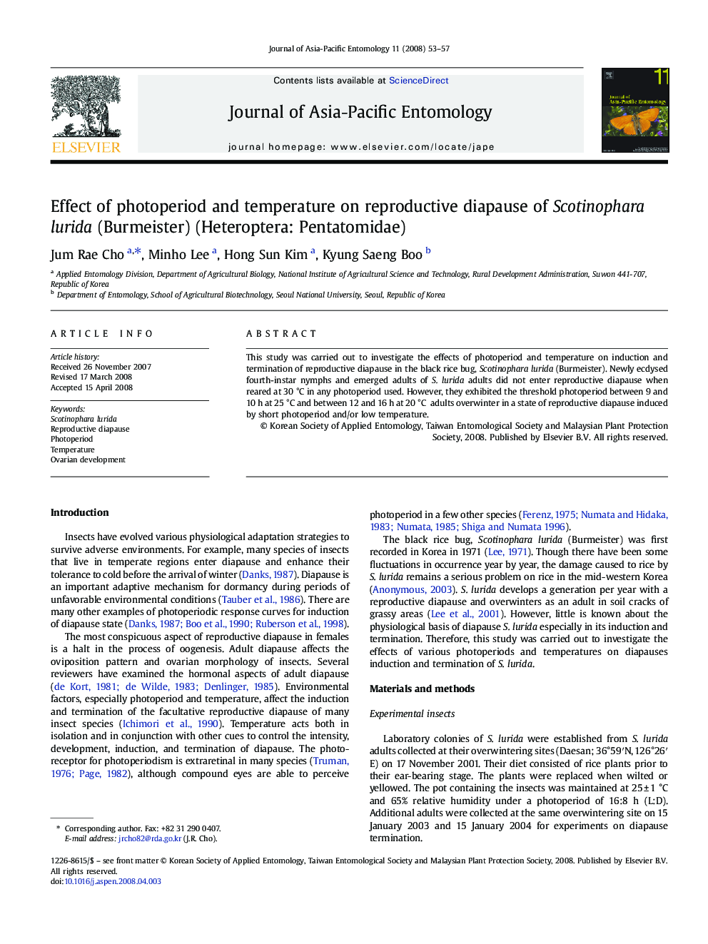 Effect of photoperiod and temperature on reproductive diapause of Scotinophara lurida (Burmeister) (Heteroptera: Pentatomidae)