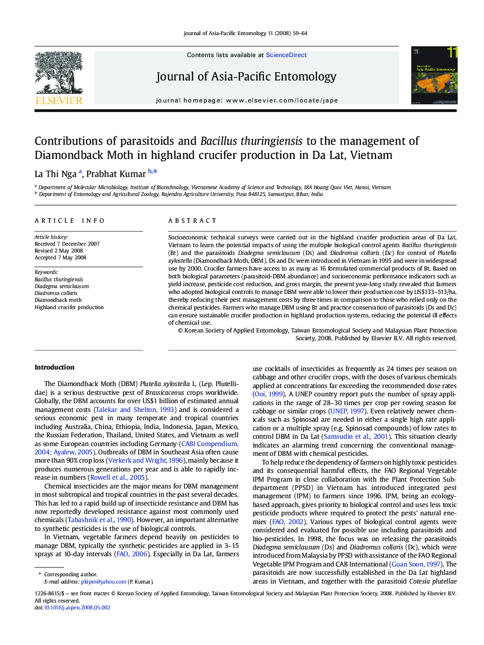 Contributions of parasitoids and Bacillus thuringiensis to the management of Diamondback Moth in highland crucifer production in Da Lat, Vietnam