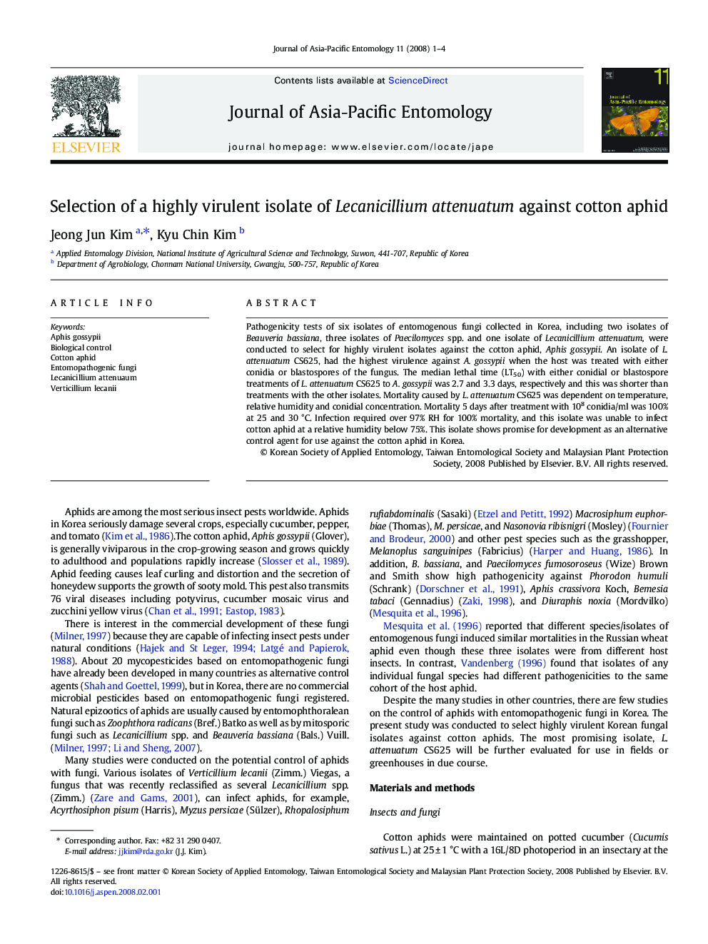 Selection of a highly virulent isolate of Lecanicillium attenuatum against cotton aphid