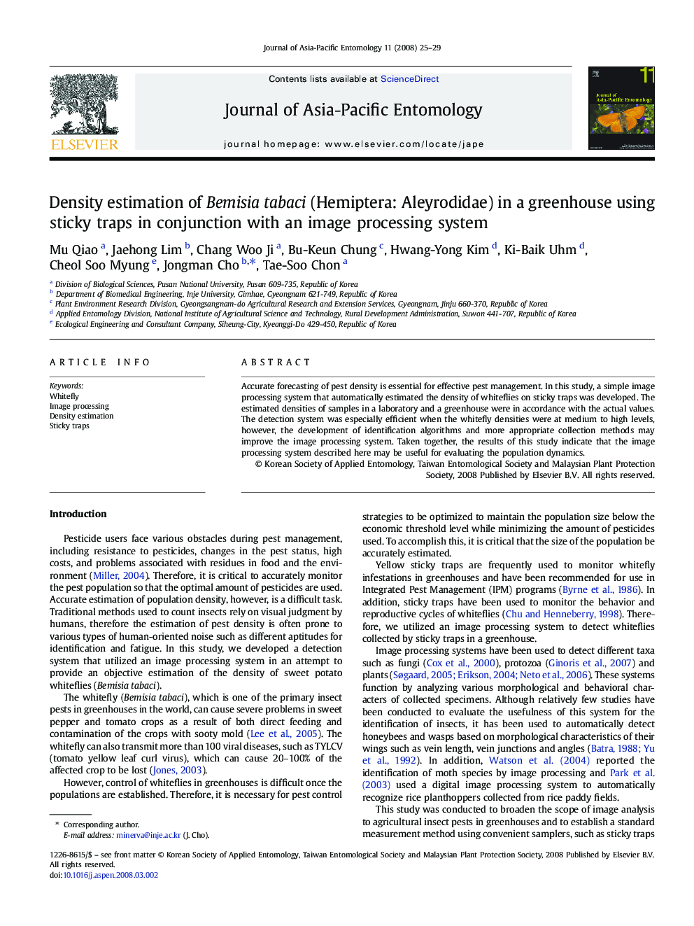 Density estimation of Bemisia tabaci (Hemiptera: Aleyrodidae) in a greenhouse using sticky traps in conjunction with an image processing system