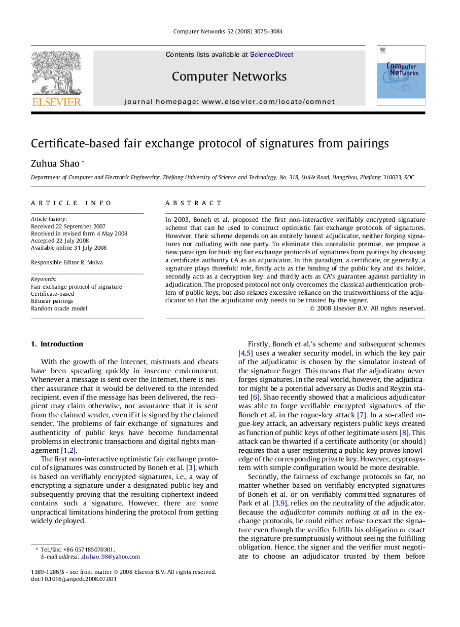 Certificate-based fair exchange protocol of signatures from pairings