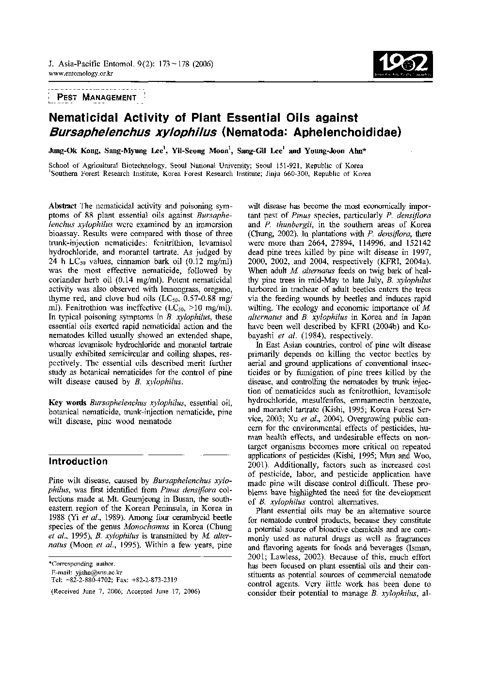 Nematicidal Activity of Plant Essential Oils against Bursaphelenchus xylophilus (Nematoda: Aphelenchoididae)