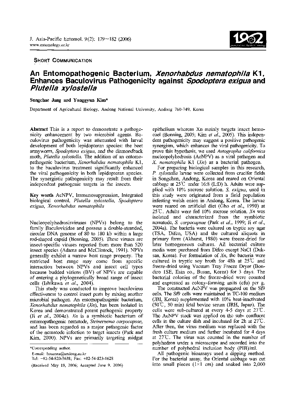 An Entomopathogenic Bacterium, Xenorhabdus nematophila K1, Enhances Baculovirus Pathogenicity against Spodoptera exigua and Plutella xylostella