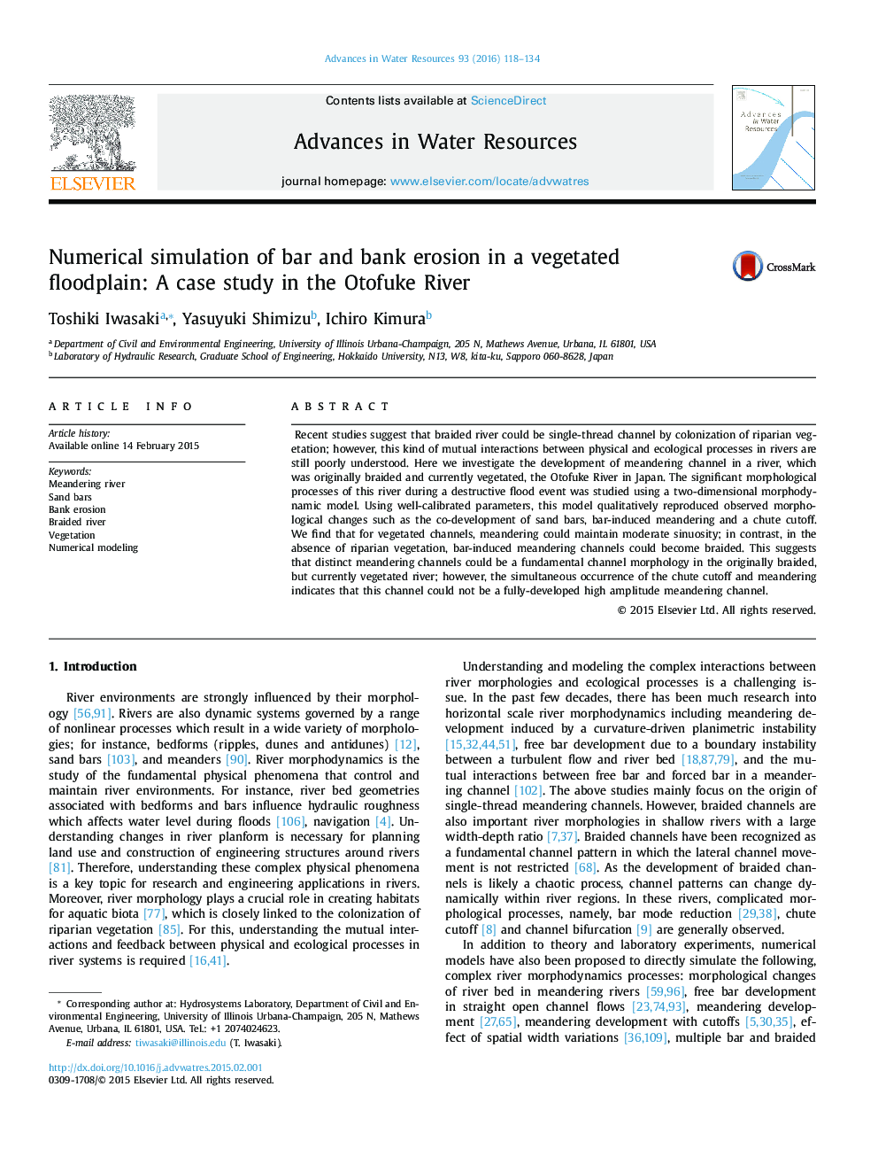 Numerical simulation of bar and bank erosion in a vegetated floodplain: A case study in the Otofuke River