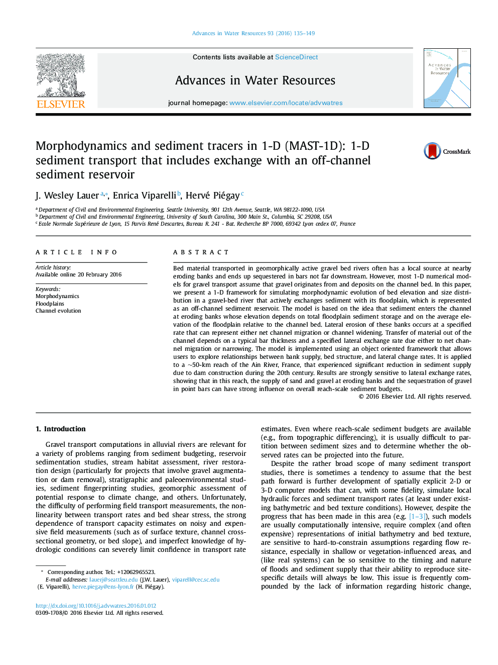 Morphodynamics and sediment tracers in 1-D (MAST-1D): 1-D sediment transport that includes exchange with an off-channel sediment reservoir