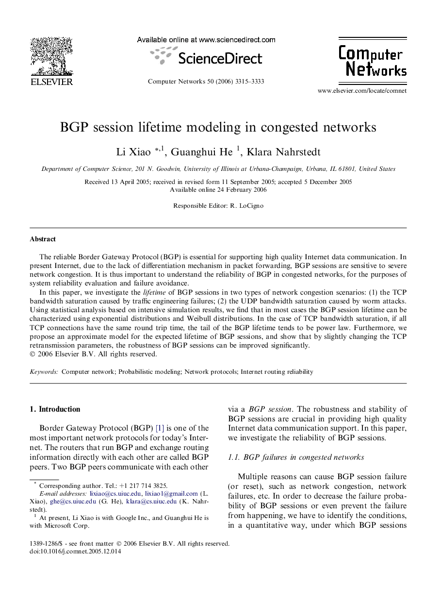 BGP session lifetime modeling in congested networks