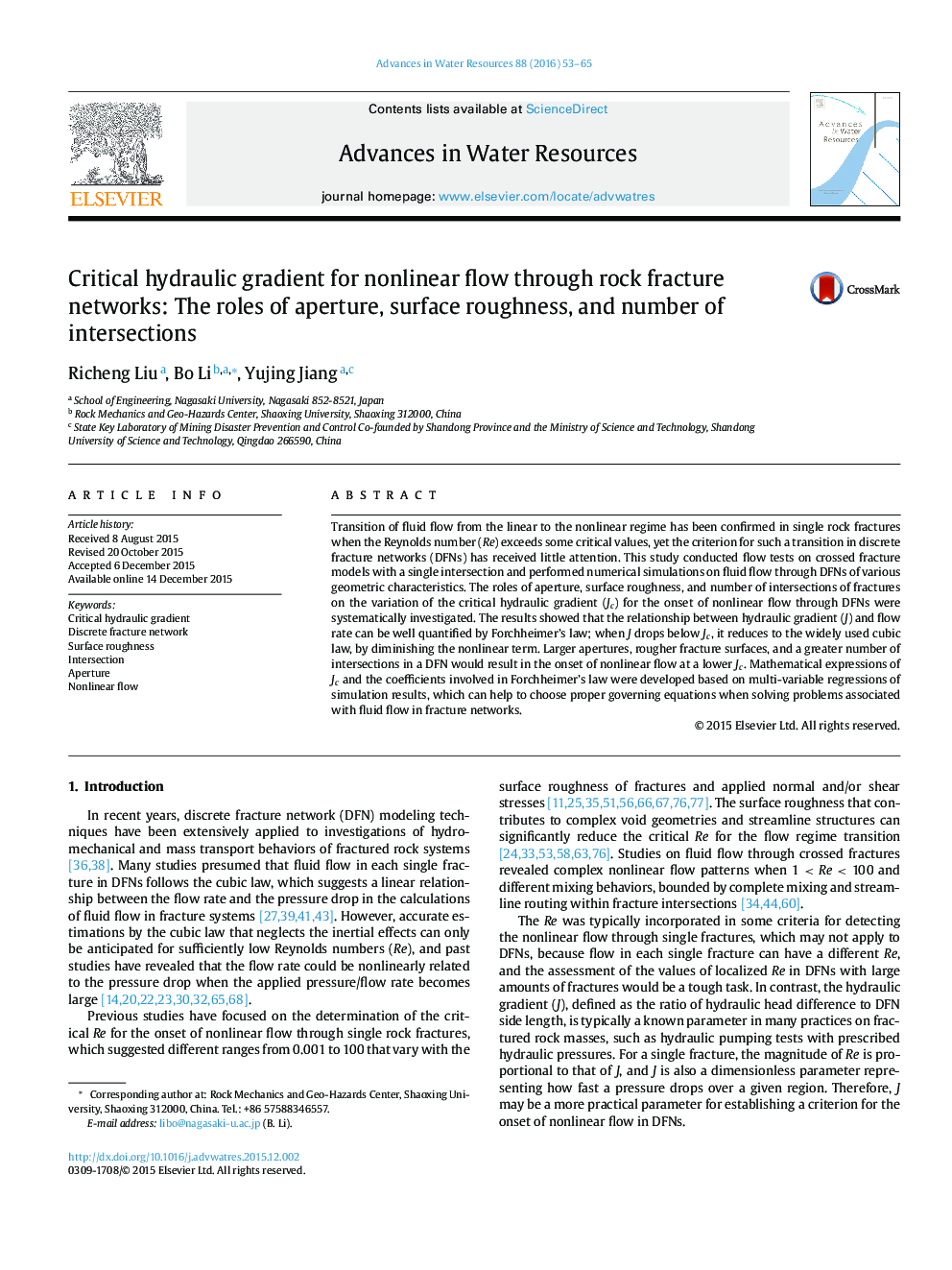 Critical hydraulic gradient for nonlinear flow through rock fracture networks: The roles of aperture, surface roughness, and number of intersections