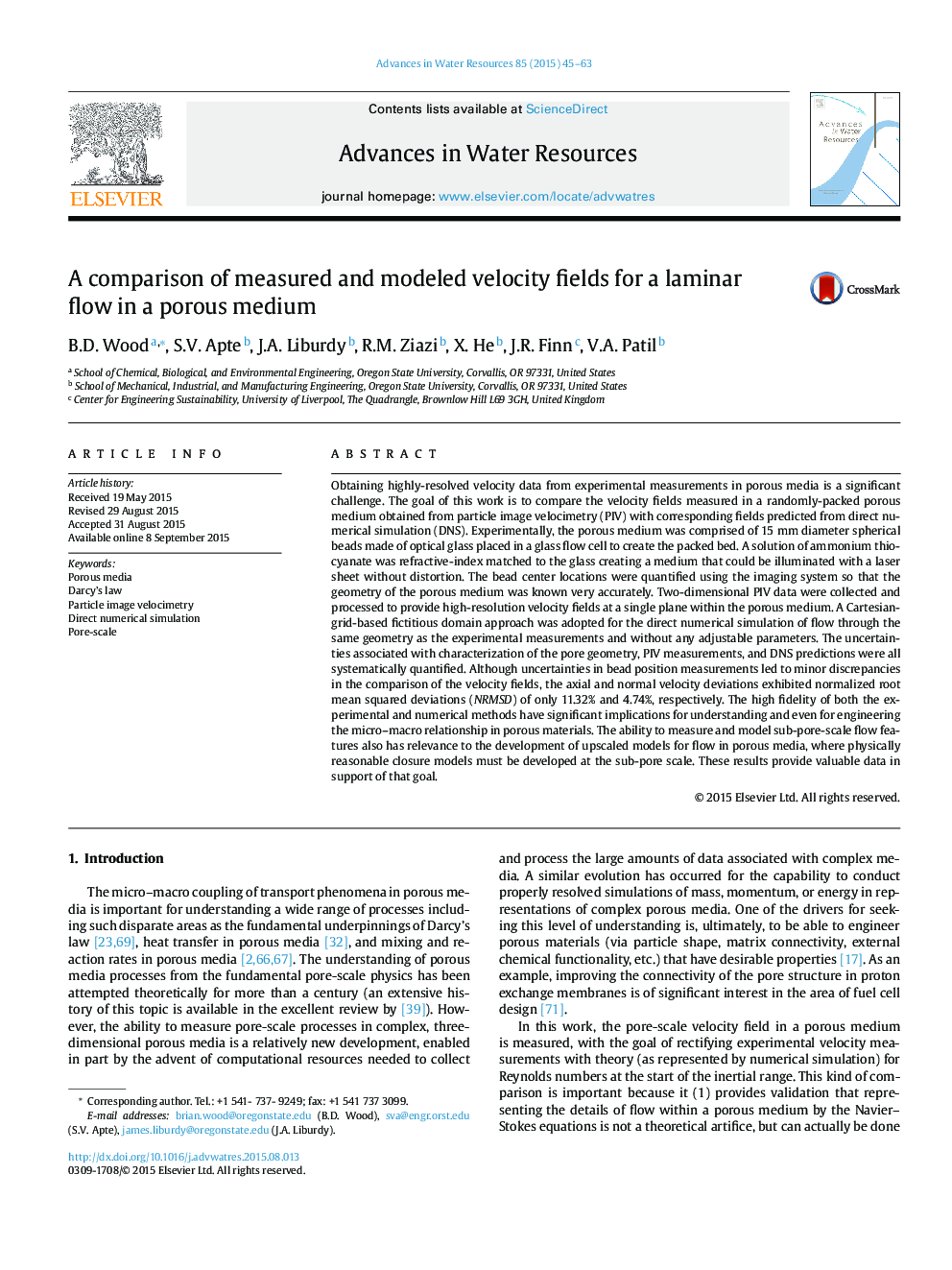 A comparison of measured and modeled velocity fields for a laminar flow in a porous medium