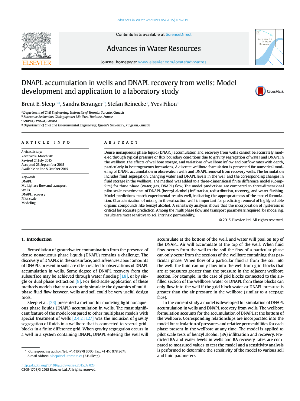 DNAPL accumulation in wells and DNAPL recovery from wells: Model development and application to a laboratory study