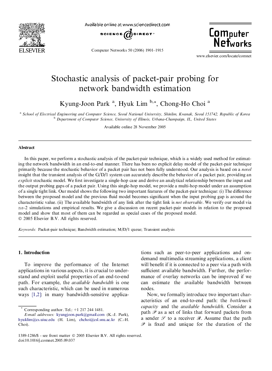 Stochastic analysis of packet-pair probing for network bandwidth estimation