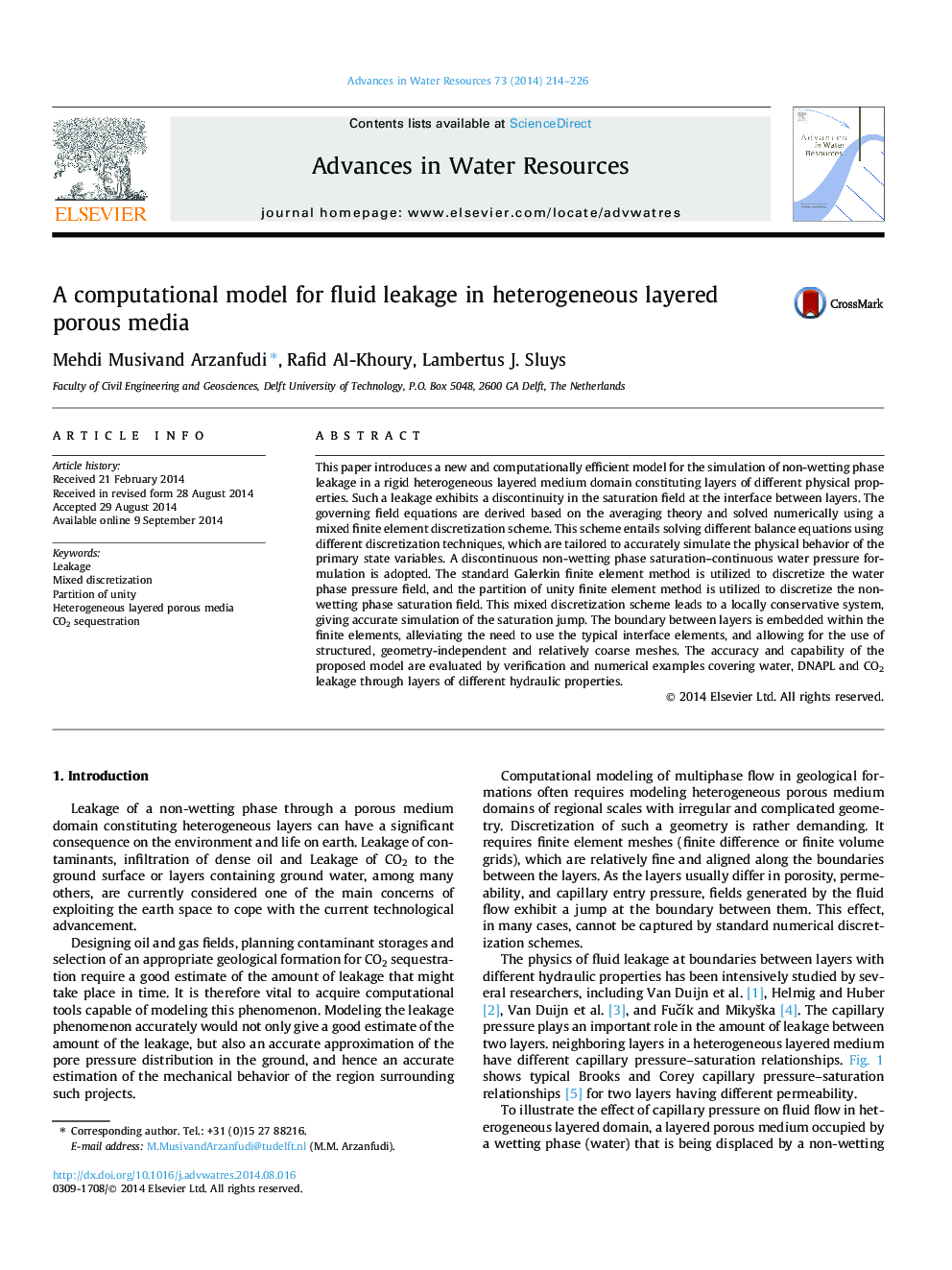 A computational model for fluid leakage in heterogeneous layered porous media