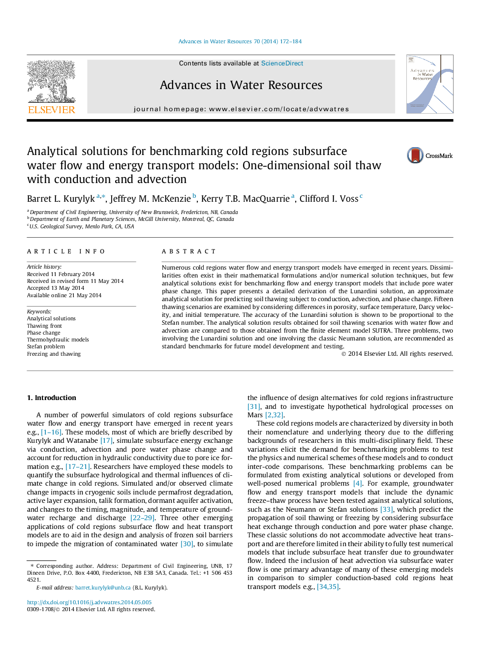 Analytical solutions for benchmarking cold regions subsurface water flow and energy transport models: One-dimensional soil thaw with conduction and advection