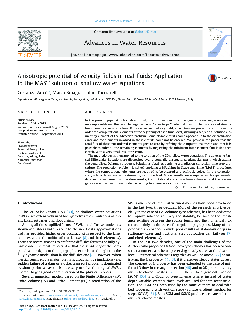 Anisotropic potential of velocity fields in real fluids: Application to the MAST solution of shallow water equations