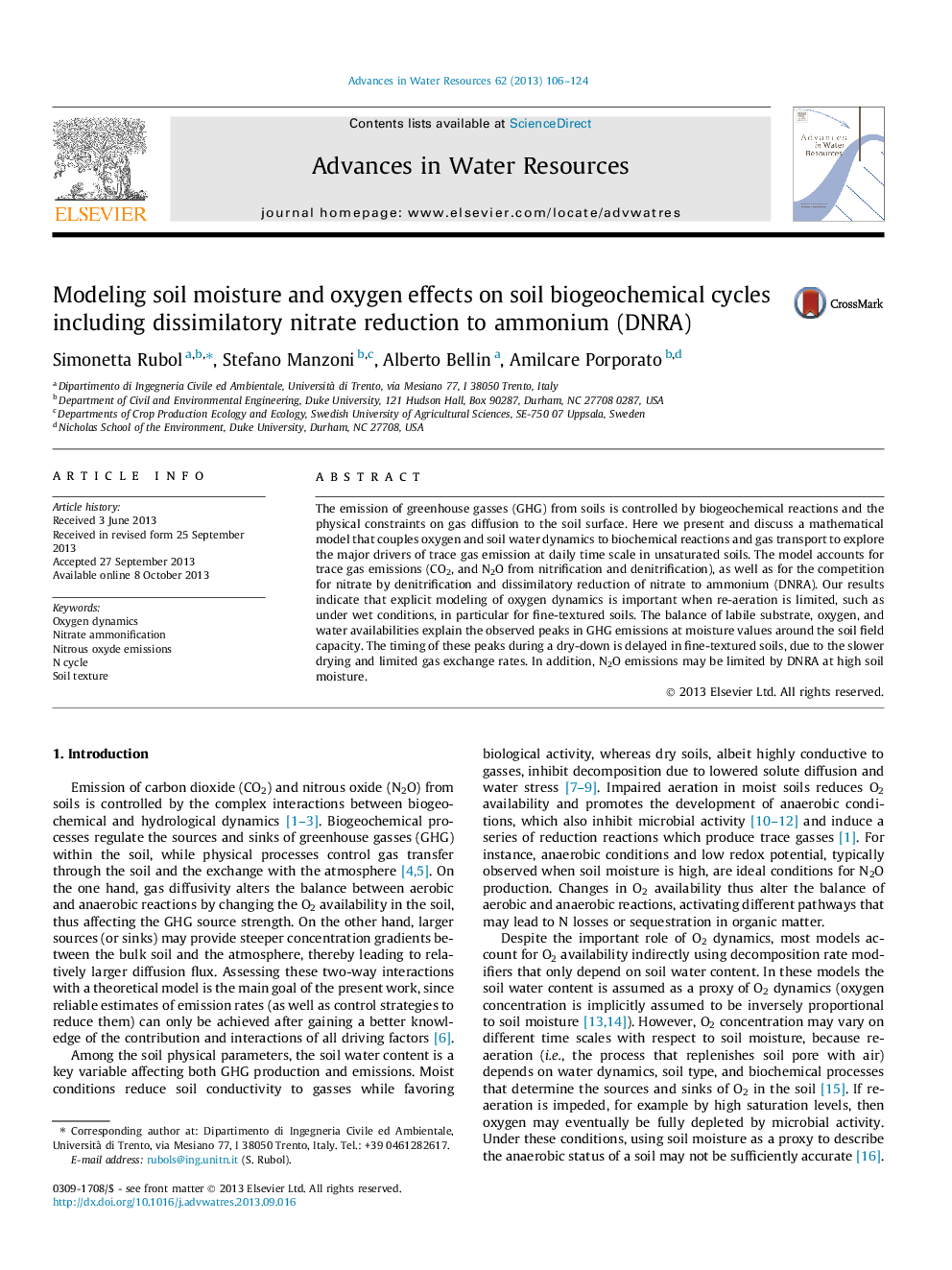 Modeling soil moisture and oxygen effects on soil biogeochemical cycles including dissimilatory nitrate reduction to ammonium (DNRA)