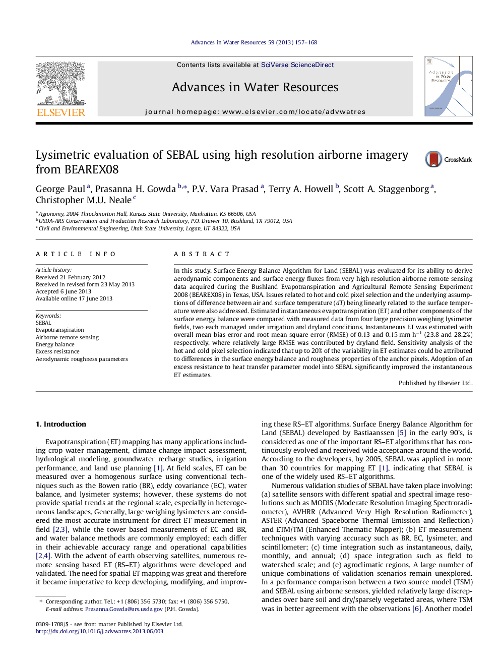 Lysimetric evaluation of SEBAL using high resolution airborne imagery from BEAREX08