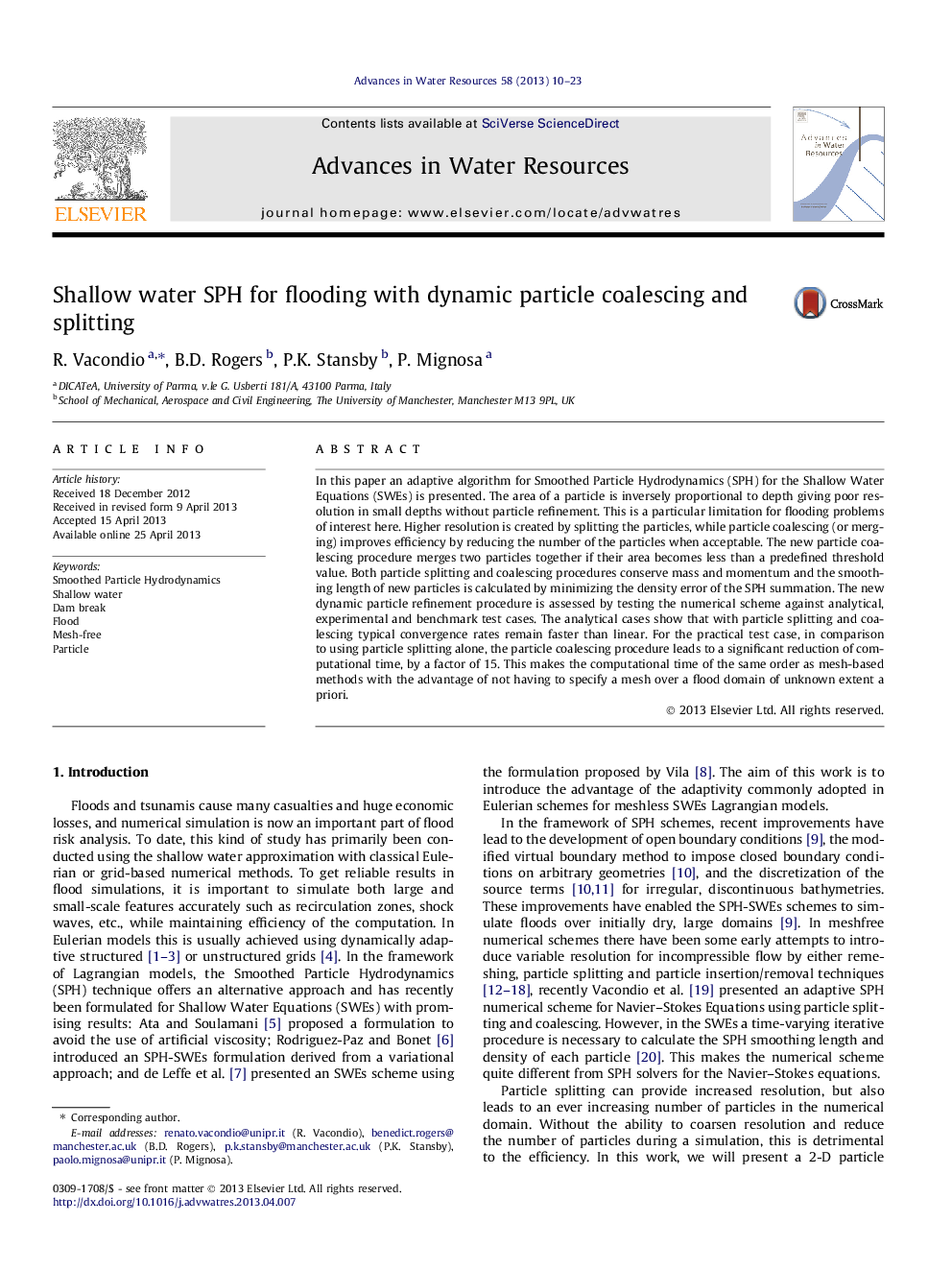 Shallow water SPH for flooding with dynamic particle coalescing and splitting