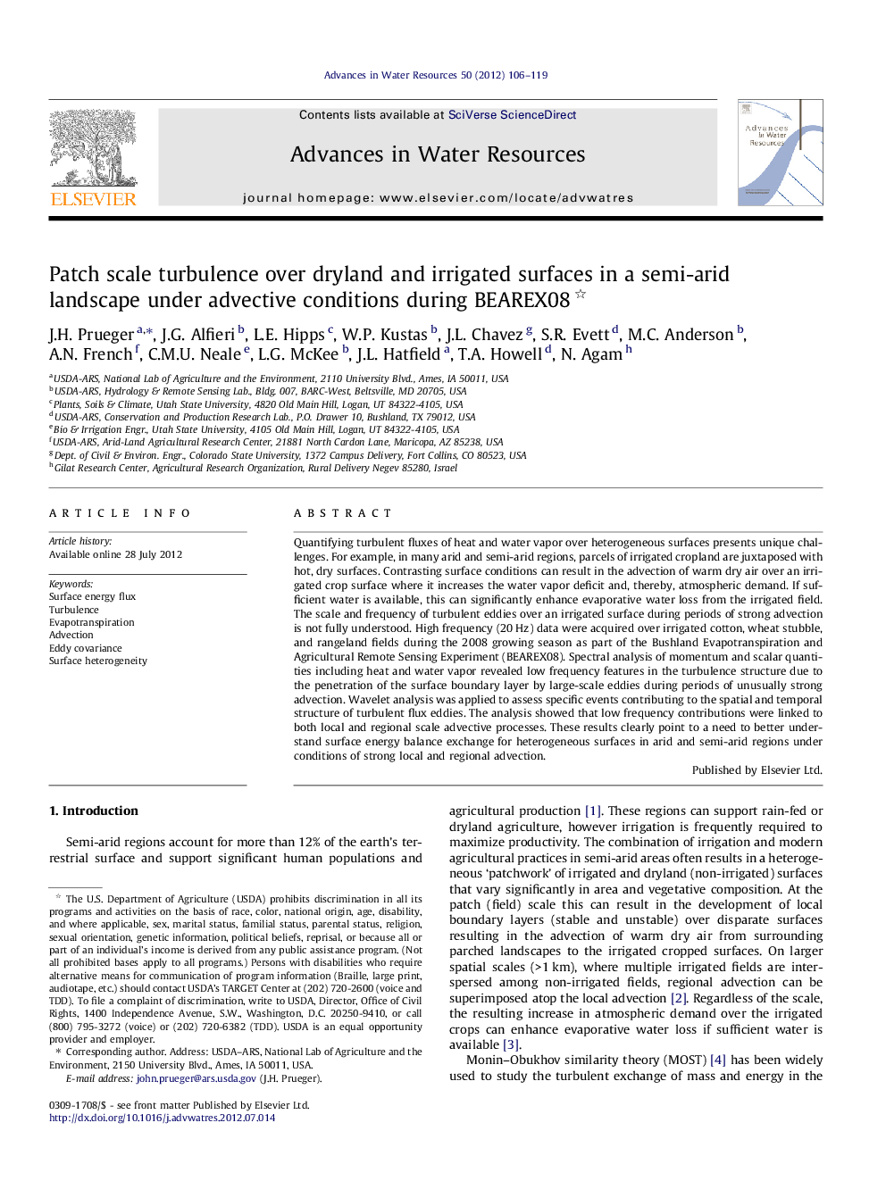 Patch scale turbulence over dryland and irrigated surfaces in a semi-arid landscape under advective conditions during BEAREX08 