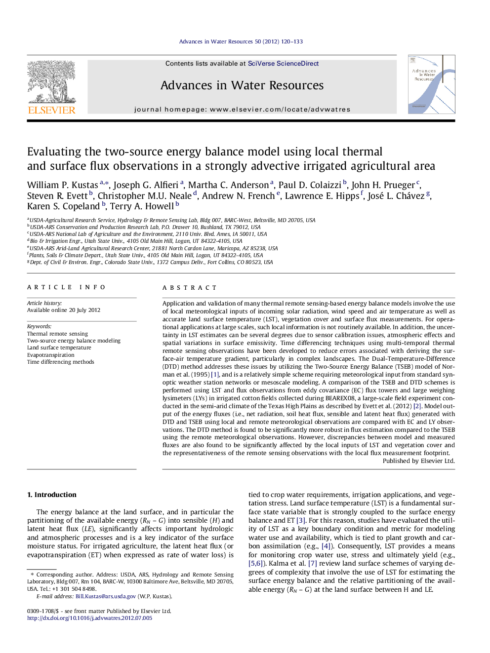 Evaluating the two-source energy balance model using local thermal and surface flux observations in a strongly advective irrigated agricultural area