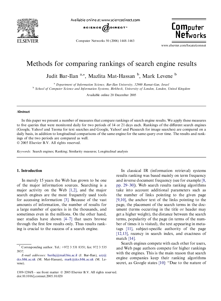 Methods for comparing rankings of search engine results