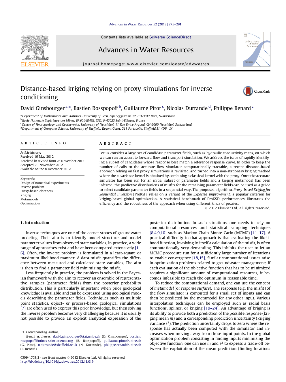 Distance-based kriging relying on proxy simulations for inverse conditioning