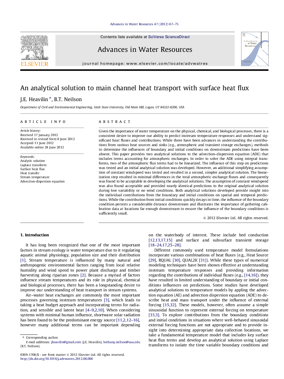 An analytical solution to main channel heat transport with surface heat flux